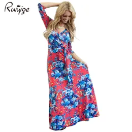 Ruiyige 2017 Women Vintage Floral Print Half Sleeve Pluging V-Neck Sashes Elastic Long Maxi Dress Boho Soft Milk Silk Beach Robe