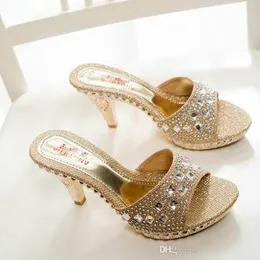 Partihandel Sommar Mode Skor Kvinna Rhinestone High Heel Sandals Kvinnor Tofflor Sandalias Damskor Storlek 35-39 TX0141