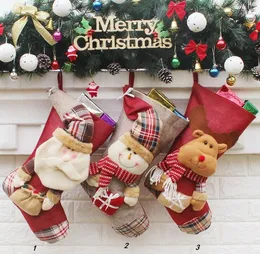 Płótno Boże Narodzenie Stocking Choinki Dekoracje Torba na prezent Santa Claus Snowman Elk Ornament Skarpetki Cukierki Torby Party Supplies