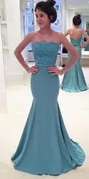 Fashion Evening Gowns Off The Shoulder Strapless Appliqued Lace Sleeveless Sweep Train Mermaid Prom Party Dresses Fast Shipping HY4180