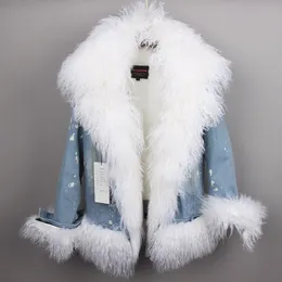 2018 Nowy Design Women's Luksusowe Prawdziwej Lamb Futro Collar Fur Cuff Plus Velvet Liner Ciepłe zagęszczanie Denim Jeans Otwory Parka Płaszcz Casacos