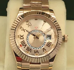 고품질의 명품 시계 Sky Dweller 18k 로즈 골드 팔찌 골드 다이얼 326935 기계식 자동 시계 남자 로마 디지털