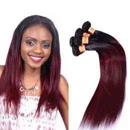 Brasiliansk Burgundy Ombre Straight Hair 4 buntar 1B 99J Två ton Ombre Brasilian Remy Hair Weave Billiga Röda Human Hair Extensions