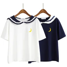 2017 Kvinnors Punk Harajuku ulzzang Månens vägnar För att förstöra din broderade Lapel Sailor Collar T-shirt Kvinna Kawaii