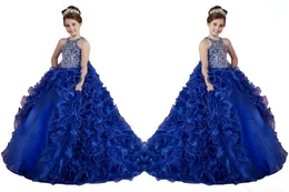 New Hot Royal Blue Girls Pageant Organza Ruffle Crystal Beads Ocleveless Princess Puffy Kids Party for Wedding Flower Girl Dresses 403