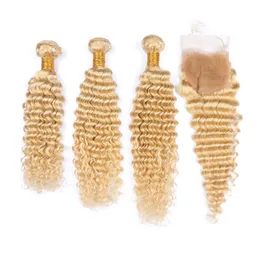 Brazilian Blondes menschliches Haar 3 Bündel mit Verschluss #613 Blonde Deep Wave Wellwellige Haarscheuchenwebe mit Spitzenverschluss 4x4
