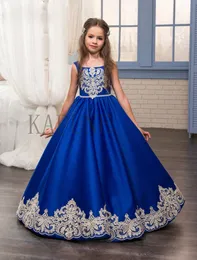 2019 Royal Blue Flower Girl Dresses O-NCEK Aplikacje Bez Rękawów Ball Suknia Formalna Bow Sashes First Communion Suknie Vestidos Longo231321