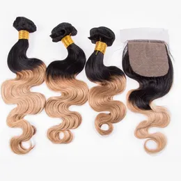 Kroppsvåg # 1b / 27 Honung blondin Ombre Brasilianska Human Hair Weave Bundes med 4x4 Silk Base Closure Ombre Light Brown Virgin Hair Extensions