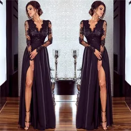 Dark 2018 Black Red Evening Dresses Wear V Neck Sheer Long Sleeves Lace Appliques Side Split Plus Size Formal Prom Party Dress Gowns