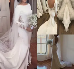 Sexy Mermaid Backless Suknie Ślubne Klejnot Neck Długie Rękawy Koronkowa Suknia Ślubna Aplikacje Sweep Pociąg Satynowy Kraj Bride Suknie dla kobiet