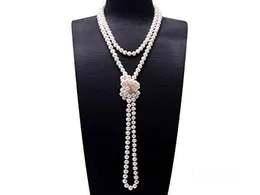 Hand knotted necklace beautiful 7-8mm genuine natural white fresh water cultured pearl long 165cm fashion jewelry