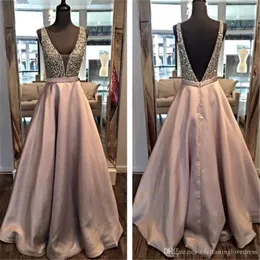 Głęboki V Dusty Pink Cekiny Kryształy A-Line Prom Dress Evening Otwórz Powrót Długa Gown Gown Vestidos de Fiesta