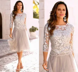 Short New Lace Mother Of Bride Dresses Sier 3/4 Sleeves Jewel Neck Tiered Tulle Prom Dress Wedding Party