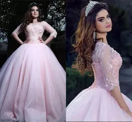 Pink Ball Gown Quinceanera Dresses Sheer Lace Appliqued Half Sleeves Arabic Dubai Prom Party Gowns Evening Dress
