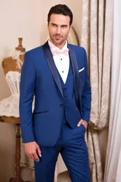 Brand New Royal Blue Groom Tuxedos Shawl Lapel Groomsmen Mężczyzna Suknia Ślubna Popularna Kurtka Mężczyzna Blazer 3 szt. Garnitur (Kurtka + spodnie + kamizelka + krawat) 858