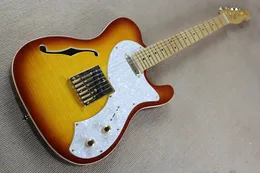 Semi-hollow Electric Guitar with White Pearl Pickguard,Gold Hardwares,Flame Maple Veneer,offering customized services