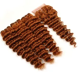Peruansk Virgin Mänskligt Hår Vävar Deep Wave Curly Hair Buntar med spetslåsning # 30 Auburn Virgin Hair Weaves med 4x4 topplåsning