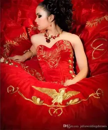 Сексуальная возлюбленная красная вышивка с шариковыми платьями Quinceanera Satin Lace Up Длина пола vestido de Festa Sweet 16 платье QC1118276V