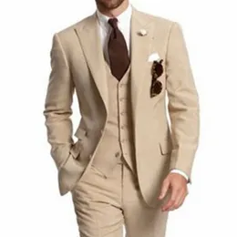 Beige Three Piece Wedding Best Men Suits for Business Party Peaked Lapel Two Button Custom Made Groom Tuxedos Jacket Pants Vest