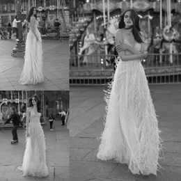 Liz Martinez 2018 Wedding Dress Sheer Spaghetti Feather Design Sequins Wedding Dresses Sexy Backless Floor Length Bridal Gowns