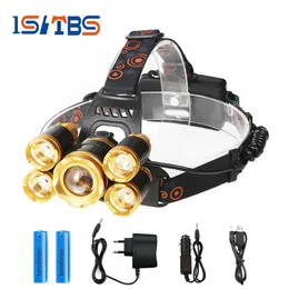 LED-Scheinwerfer 5 x XML-T6 LED-Scheinwerfer 12000 Lumen Stirnlampe Taschenlampe Lanterna 4-Schalter-Modell Wählen Sie das Batterieladegerät