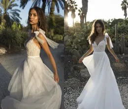 2018 ASAF Dadush Boho Suknie ślubne Backless Spaghetti Lace Aplikacja Zroszony Perły Beach Sukienka Bridal Tanie Suknie Ślubne Plus Rozmiar