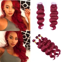 Brazilian Virgin Human Hair 99j Bundles With Lace Closure Body Wave 99j Hair With 4x4 Lace Closure Free Middle Three Part