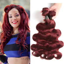 Pre-Colored Brasilian Peruvian Virgin Hair Body Wave Burgundy 99J Färg Mänsklig Hårväv Buntar Kroppsvåg Hårtillägg