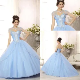 Light Blue Sweetheart Tulle Ball Gown Quinceanera Dresses Beaded Stones Floor Length Prom Party Princess Dresses With Lace Up Back 88088