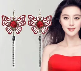 new hot Korean style long style earrings with fringe, refined hollow pearl, wine red, butterfly earrings, fashionable and classic, refined a