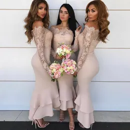 2019 Long Sleeve Lace Champagne Off The Shoulder Bridesmaid Dresses Prom Dress