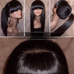 Шелковистый прямой парик фронта шнурка с полной челкой, хвостик, бразильские девственные человеческие волосы, полные парики шнурка для женщин, натуральный цвет