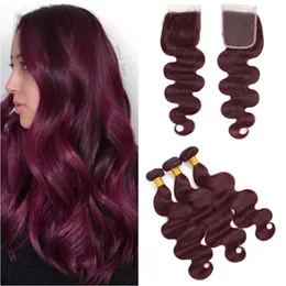 #99J Burgundy Virgin Hair Bundles Deals with Closure Body Wave Wine Red Brazilian Human Hair Weaves Extensions with 4x4 Lace Closure