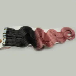 10 "-26" Tape Hair 40PCS T1B / Pink Ombre Brasiliansk Kroppsvåg Tape Extensions Skin Weft Mänskliga Hårförlängningar Human Tape Hårförlängningar 100g