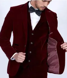 Bourgogne Velvet Män Passar 2018 Slim Fit 3 Piece Blazer Skräddare Made Vin Red Groom Prom Party Tuxedo Jacket Pants Vest