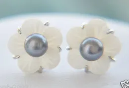Naturel 6 - 7 mm noir perles d'eau douce Shell fleur 925 Sterling boucles d'oreilles en argent