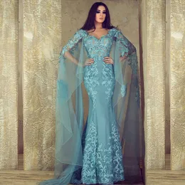 Arabska syrenka sukienki koronki wieczorowe Wear V Neck Zroszony Prom Suknie Vestidos de Fiesta Appliqued Floor Długość Długie Rękawy Formalna Sukienka