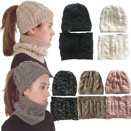 新しい女の子の帽子のスカービングセット女性のファッション冬の暖かいかぎ針編みの帽子とスカーフの純粋な色の編みリングのスカーフ