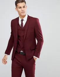 Bästsäljande Burgundy Mens Suits Slim Fit Custom Made Groomsmen Bröllop Tuxedos för Män Blazers Notched Lapel Prom Suit (Jacket + Vest + Byxor)