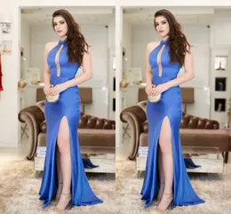 Королевский синий сексуальная русалка выпускного вечера платья высокая шея простой со стороны высокого Сплит вечерние платья знаменитостей вечерние платья Юсеф aljasm