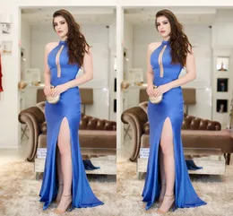 Royal Blue Sexy Mermaid Prom Vestidos alta Jewel Neck simples High Side Dividir Vestidos celebridade vestidos de noite Yousef aljasm Formal