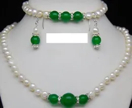 Natural-7-8mm-White-Pearl-amp-Green-Jade-Gems-Necklace-Bracelet-Earring-Set-18-034-7-5 Natural-7-8mm-White-Pearl-amp-Green-Jade-Ge