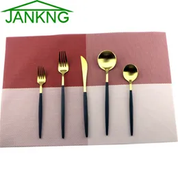 JANKNG 5Pcs/Lot Black Handle Cutlery Set 18/10 Stainless Steel Dinnerware Set Fork Knife Silverware Home Tableware Set Dessert Fork