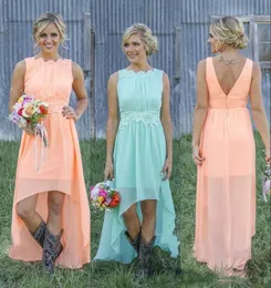 Country Bridesmaid Dress Chiffon A-Line Hi lo Coral Mint Beach Lace Applique Low Back Maid Of the Honor Wedding Guest Dress