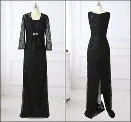 Sexy Black Lace Mother of the Bride Groom Dresses With Jacket Two Pieces Long Sleeves Sequined Slit Jewel Neck Evening Formal Gowns Cheap