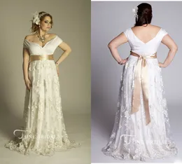 Abiti da sposa taglie forti modesti con spalle scoperte in pizzo con applicazioni a fascia Sweep Train Abiti da sposa country Abiti da sposa economici da spiaggia realizzati su misura