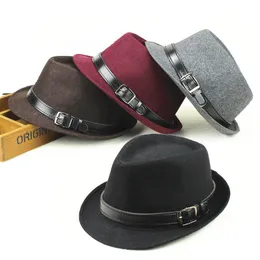 Unisex Vinterull Fedora Jazzhatt med läderbälte bred Brim Panama Cap Solid Kvinnor Skydd Solhattar