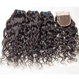 Hot Sale Malaysian Wet and Wavy Hair With Closure 4pcs Lot Virgin Malaysian Water Wave Lace Closure 4x4 med mänskligt hår vävbuntar