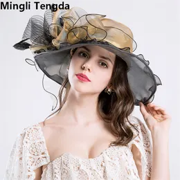 Mingli Tengda High Quality Elegant Formal Wedding Hats for Women Organza Bridal Hats with Flower Large Beach Hat chapeau de mariage 2018 New