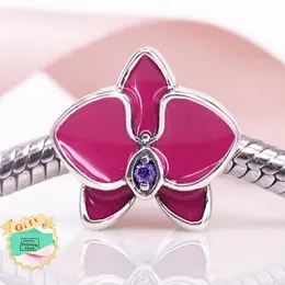 Orchid Charm Authentic 925 Sterling Silve Bead With Purple Enamel Fit European DIY Bracelet Necklace Jewelry 792074EN69